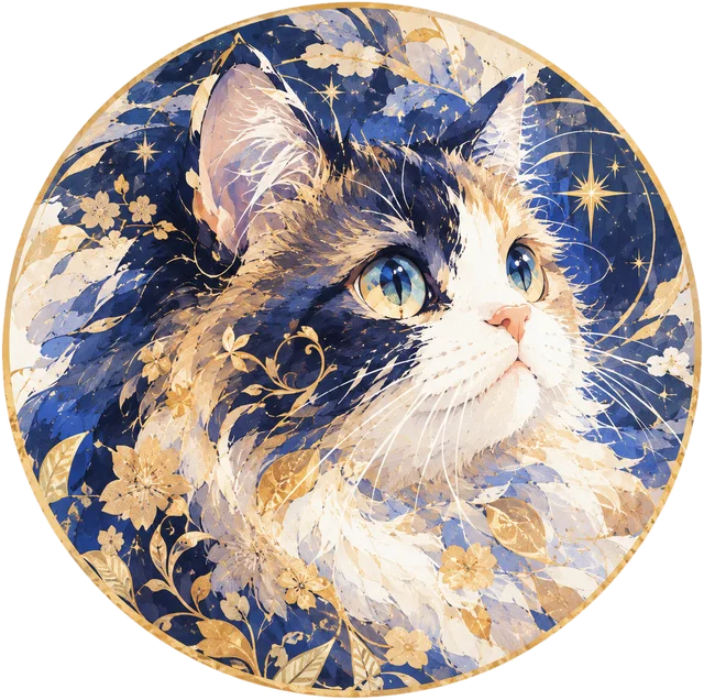 星空を見上げる三毛猫の絵
